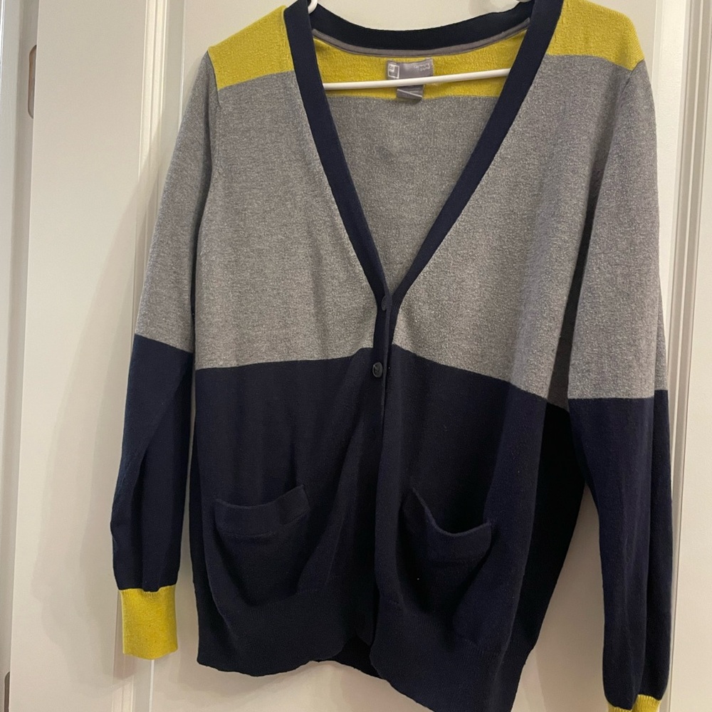JCPenney V-Neck Cardigan in Gray, Navy, and Yellow